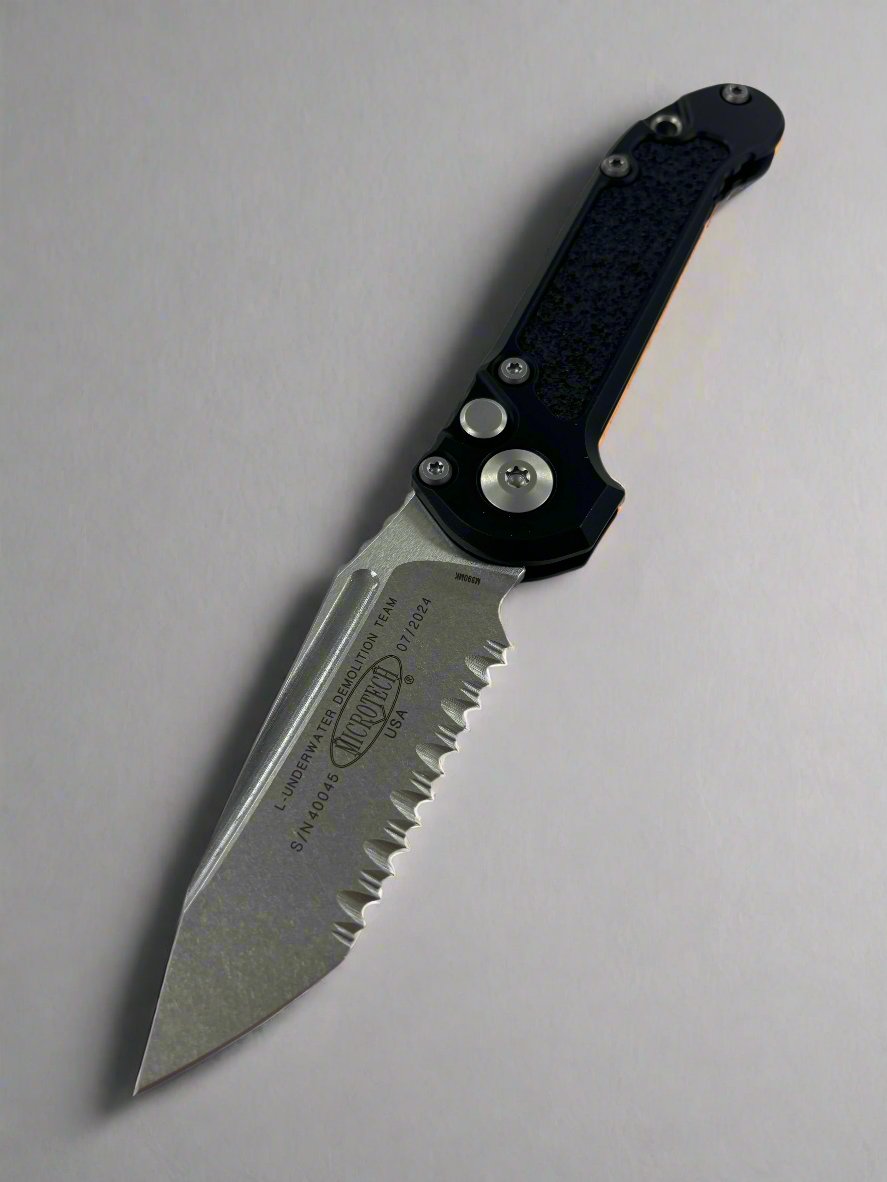 Microtech Knives LUDT Gen III Stonewash Full Serrated Tanto w/ Black Handle 1136-12