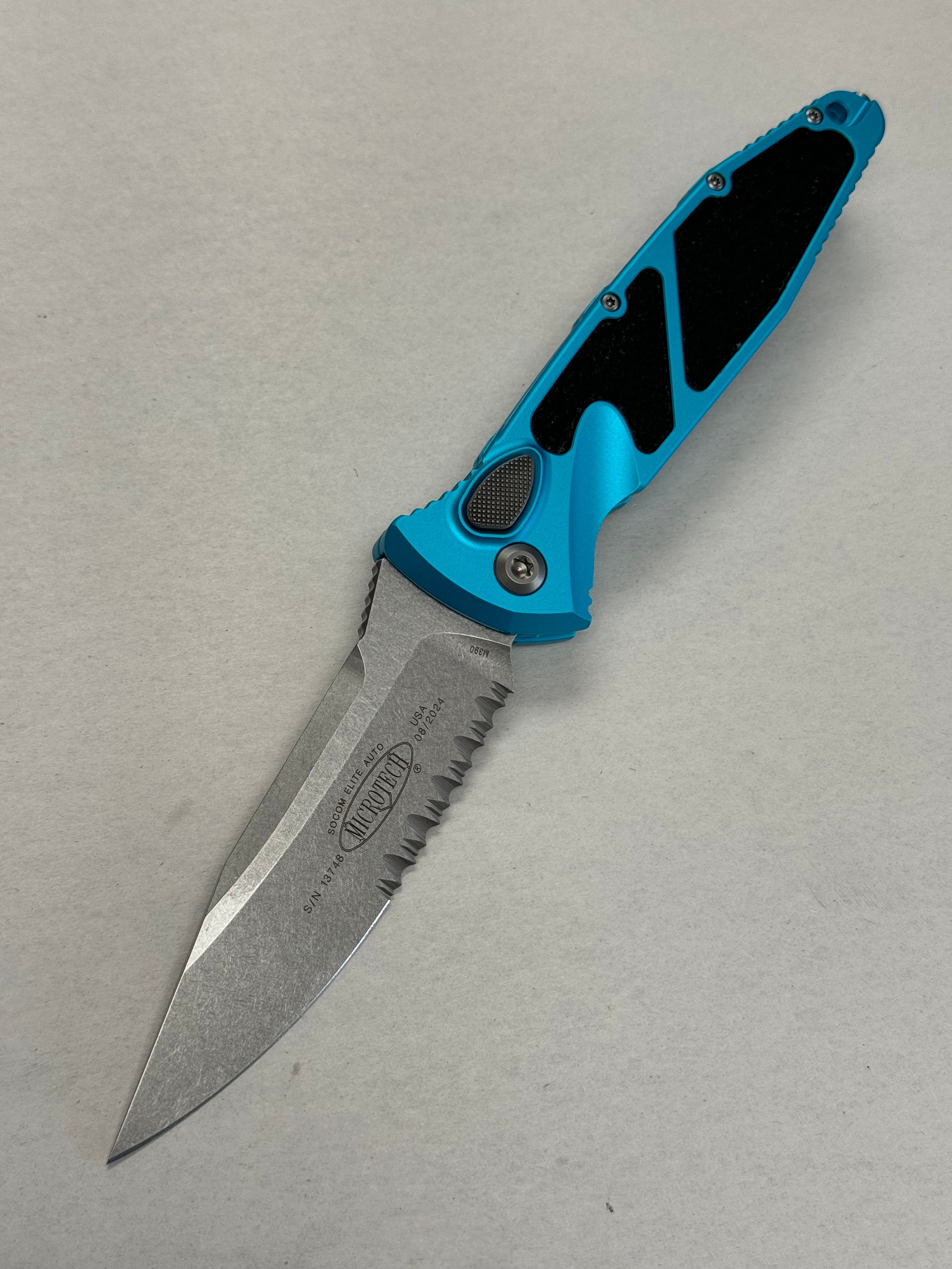 Microtech Socom Elite Auto Turquoise Handles w/ Stonewash Single Edge Partial Serrated 160A-11 TQ