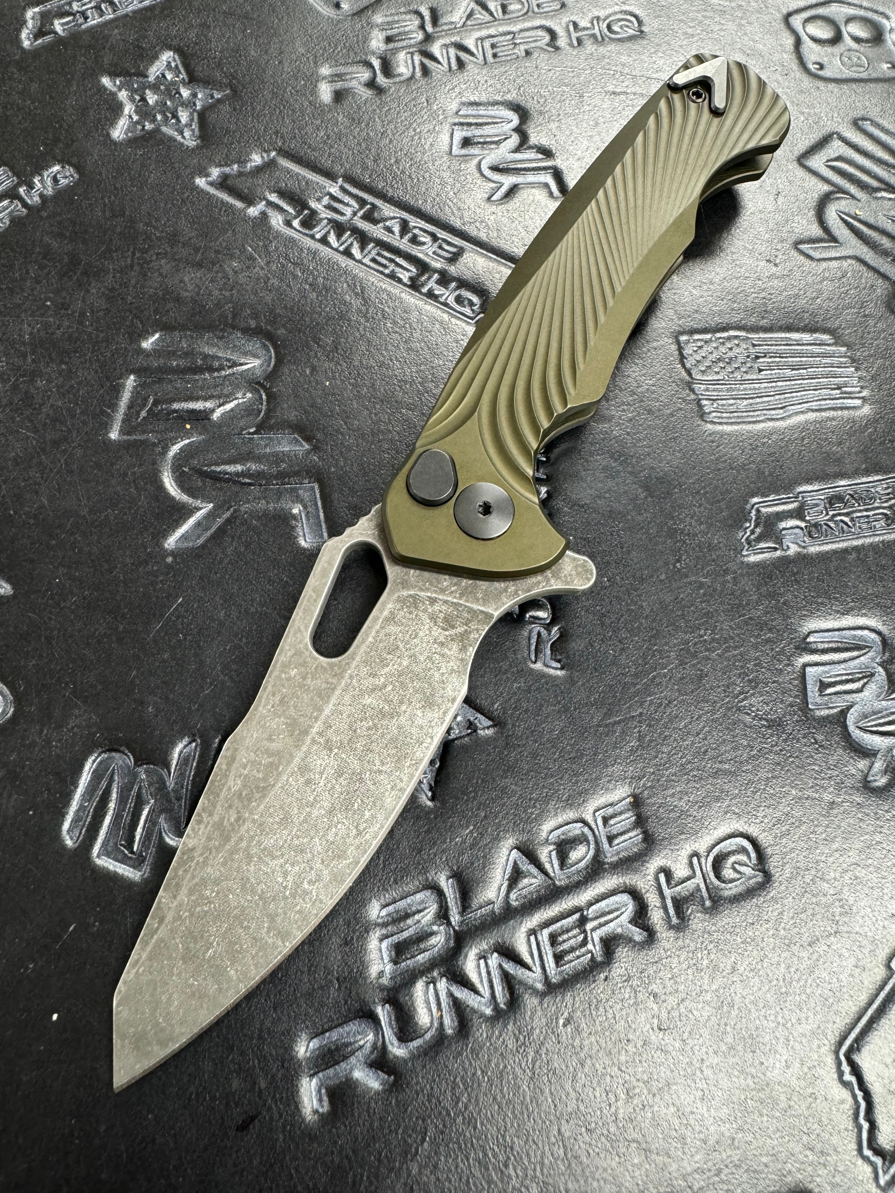 Dead Reckon Knives Ridgeback - Aluminum OD Green, Modified Blade Shape, Series 2, Magnacut, Button Lock, Dark Stonewash