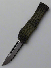 MICROTECH HERA OTF KNIFE- FRAG- SINGLE EDGE- GRENADE GREEN FRAG HANDLE- APOCALYPTIC FULL SERRATED EDGE 703-12 APFRGS