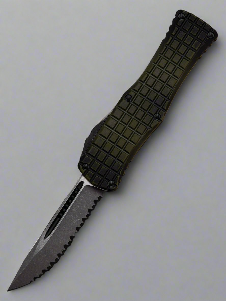 MICROTECH HERA OTF KNIFE- FRAG- SINGLE EDGE- GRENADE GREEN FRAG HANDLE- APOCALYPTIC FULL SERRATED EDGE 703-12 APFRGS