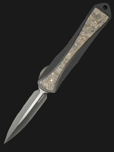 Heretic Knives Manticore E Fat Carbon Gold Dunes Inlay, DLC Double Edge, DLC Ti Clip with TiN Ball, TiN Glass Breaker and Hardware H028-6A-FC/TiN