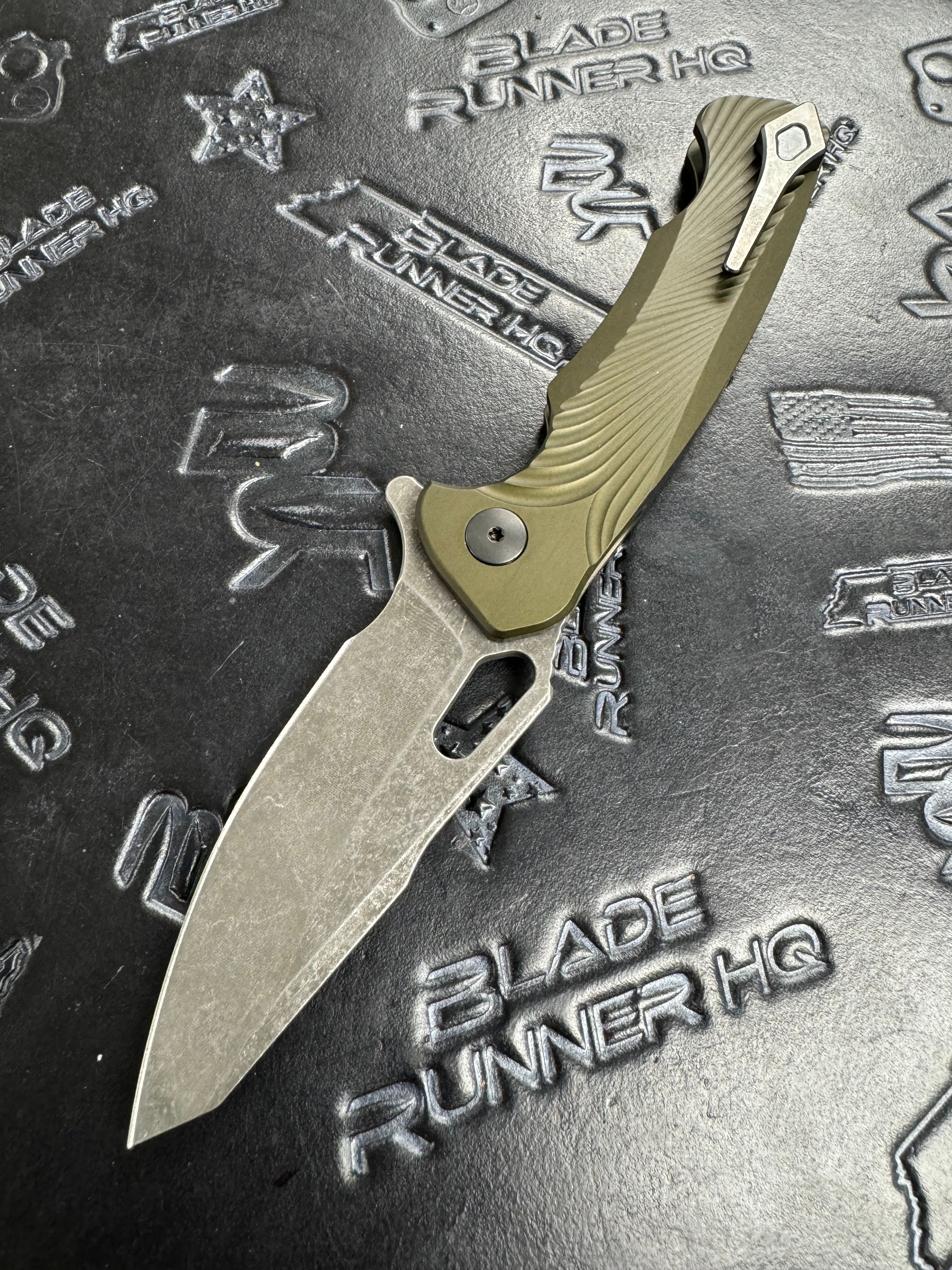 Dead Reckon Knives Ridgeback - Aluminum OD Green, Modified Blade Shape, Series 2, Magnacut, Button Lock, Dark Stonewash