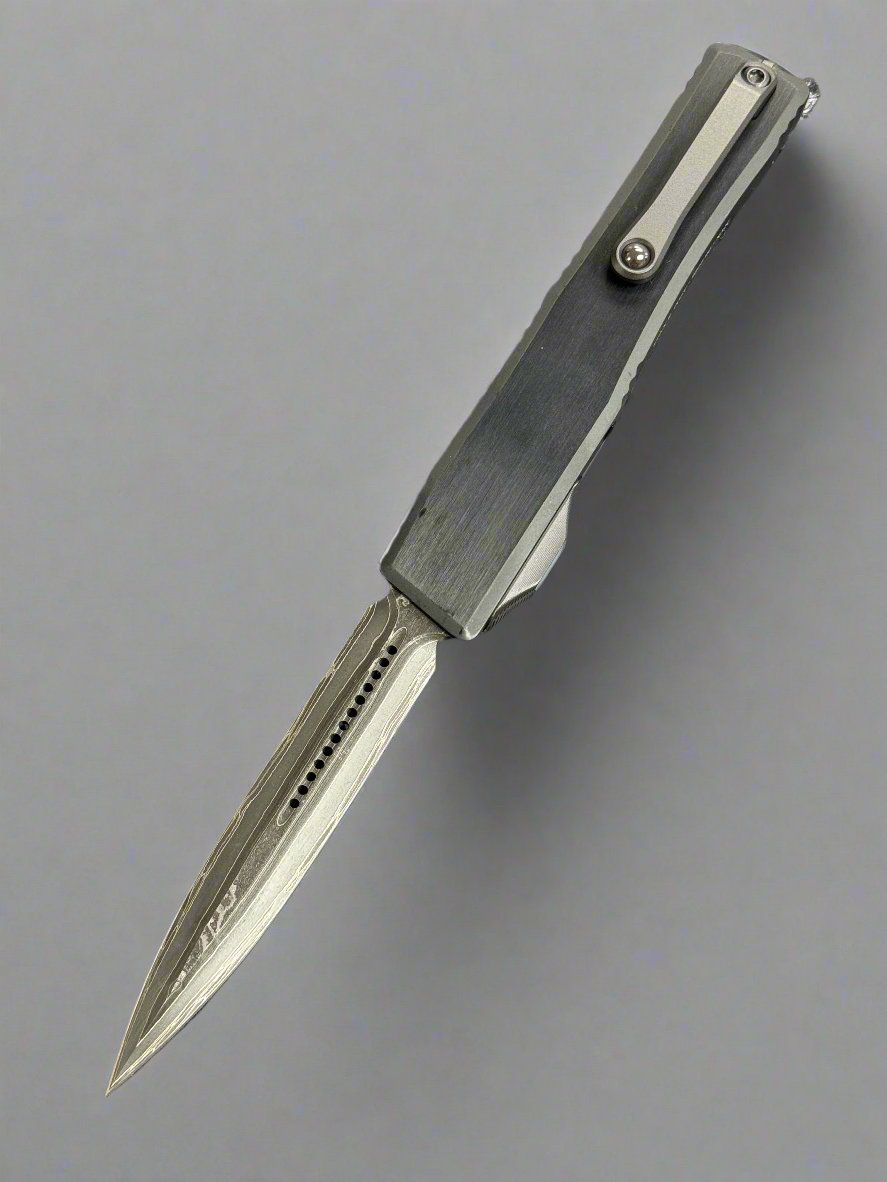 HERETIC KNIVES CUSTOM NYX HEFTED ALUMINUM OTF AUTOMATIC KNIFE 3.7" DAGGER BROKEN ANVIL DAMASCUS