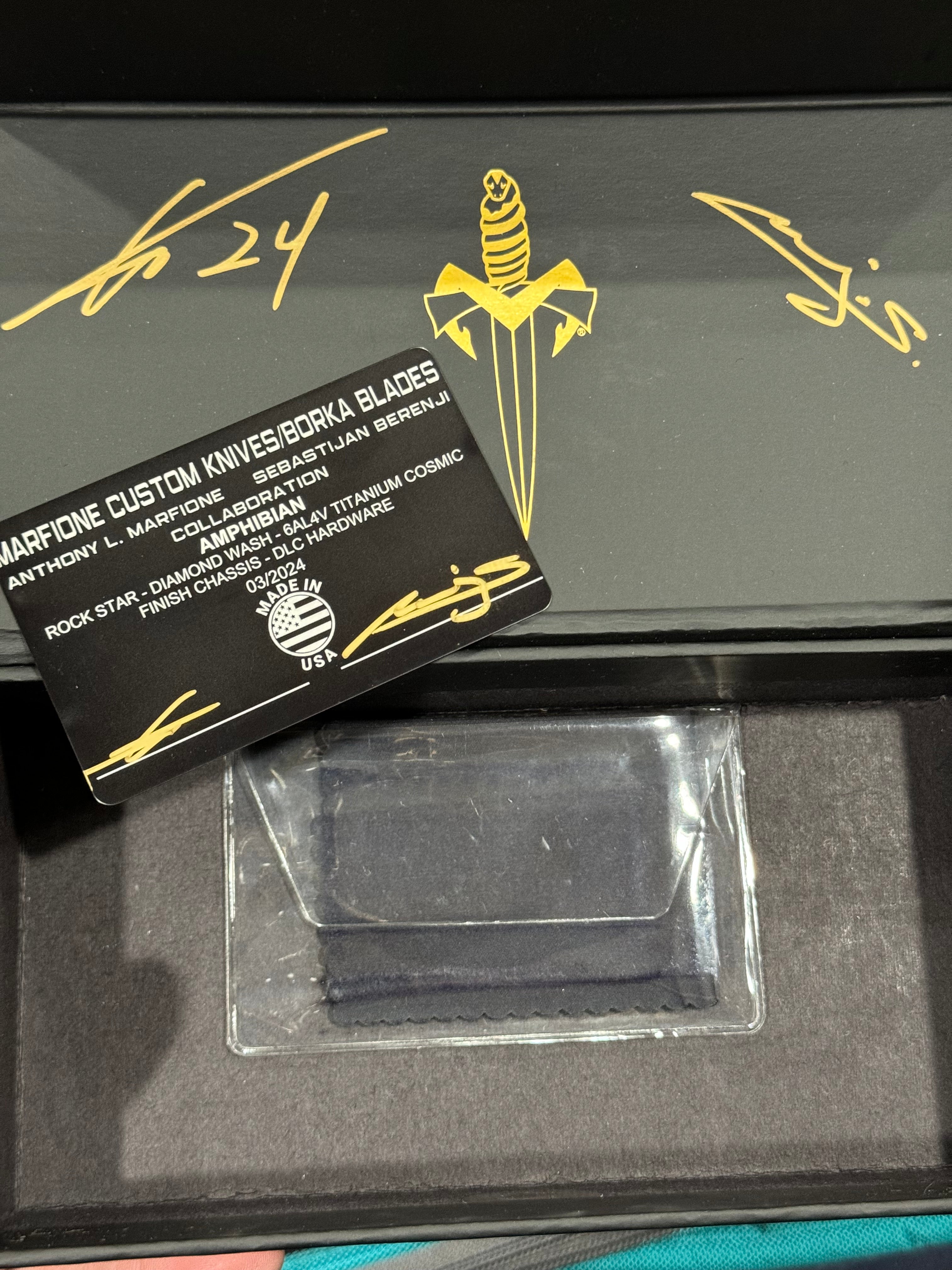 Marfione Custom Knives & Borka Blades Amphibian RAM-LOK Diamondwash RockStar Ground M390 & Cosmic Titanium w/ DLC Two Tone Hardware