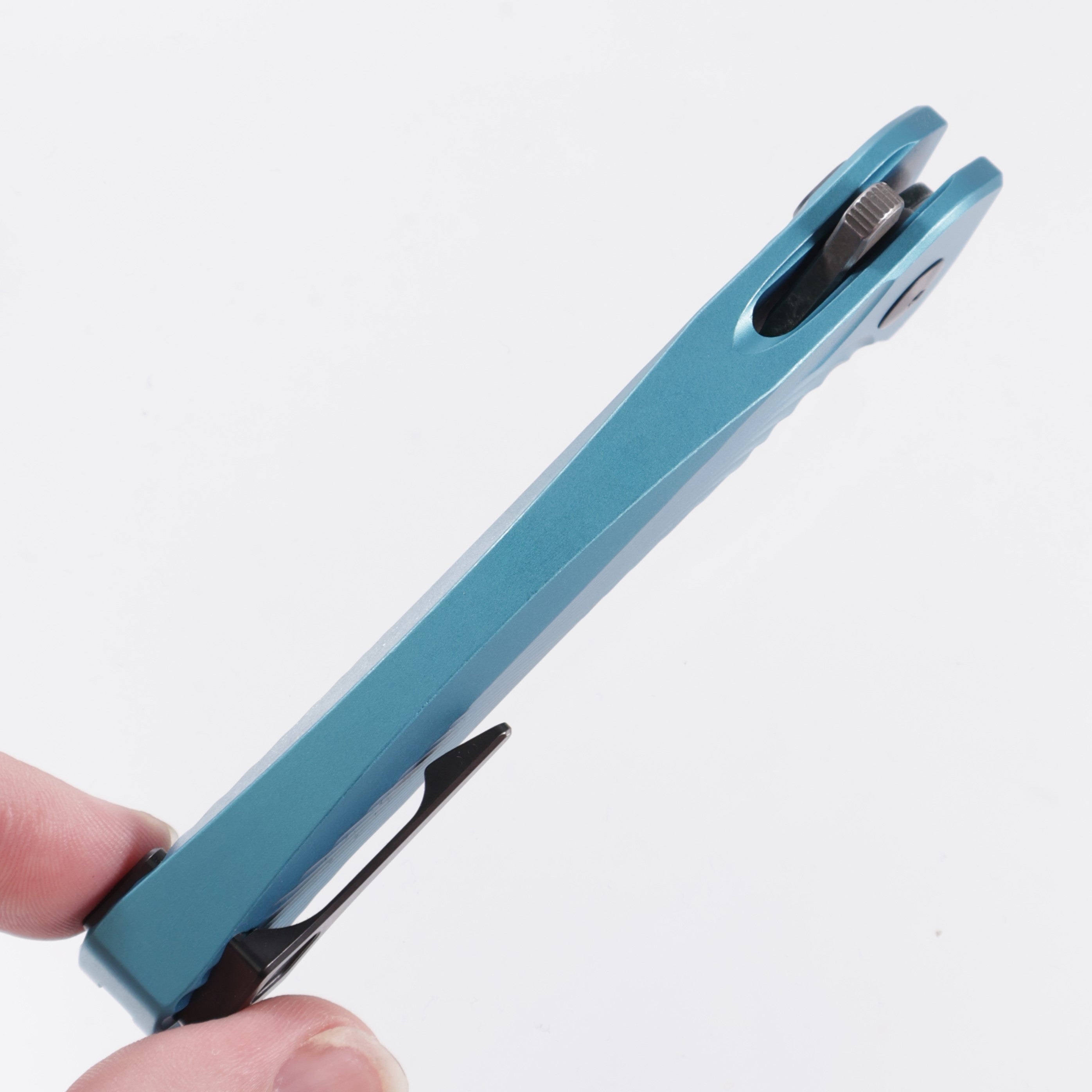 Dead Reckon Knives Ridgeback - Aluminum Turquoise, Modified Blade Shape, Series 1, Magnacut, Button Lock, Dark Stonewash