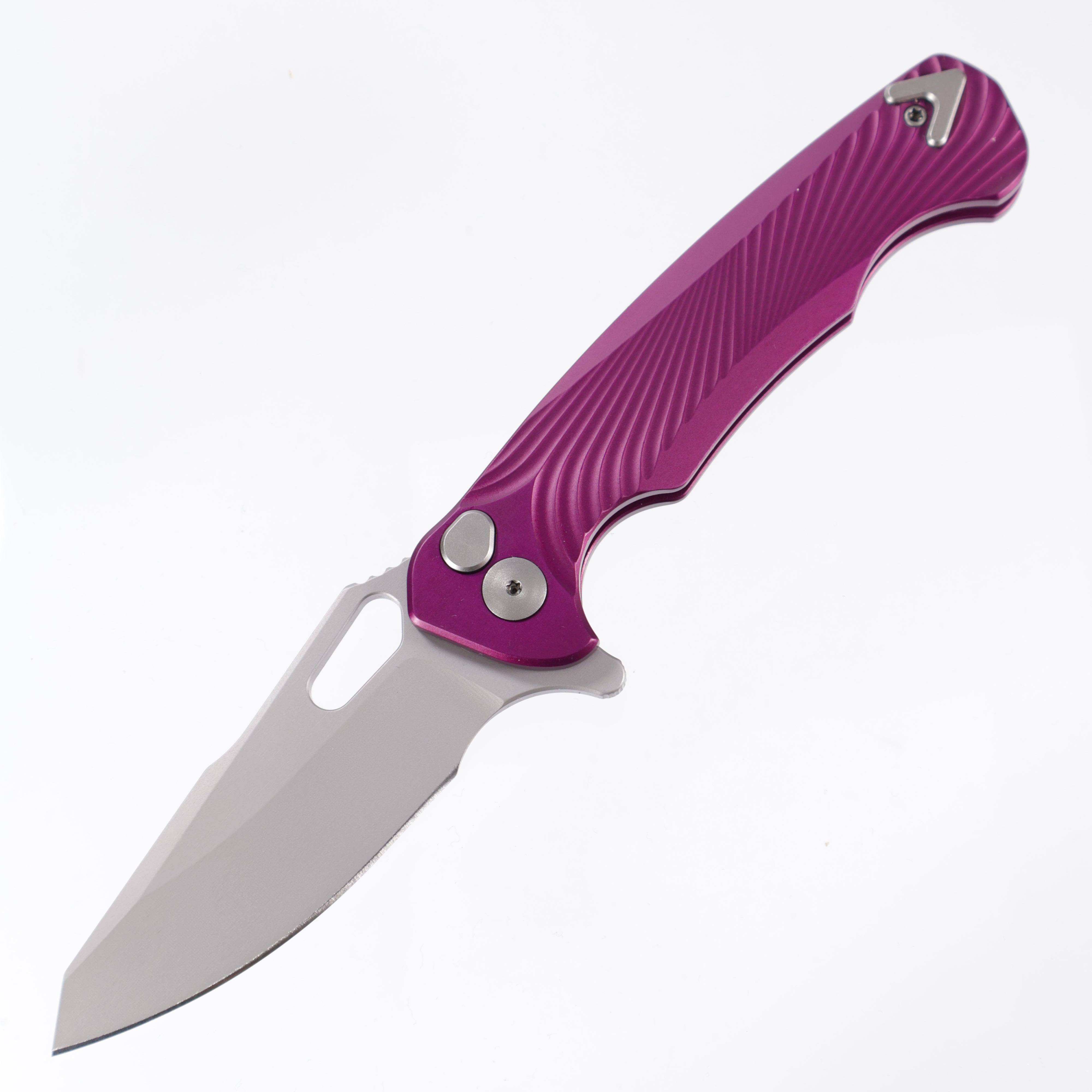 Dead Reckon Knives Ridgeback - Aluminum Purple, Modified Blade Shape, Series 1, Magnacut, Button Lock, Glass Bead Matte