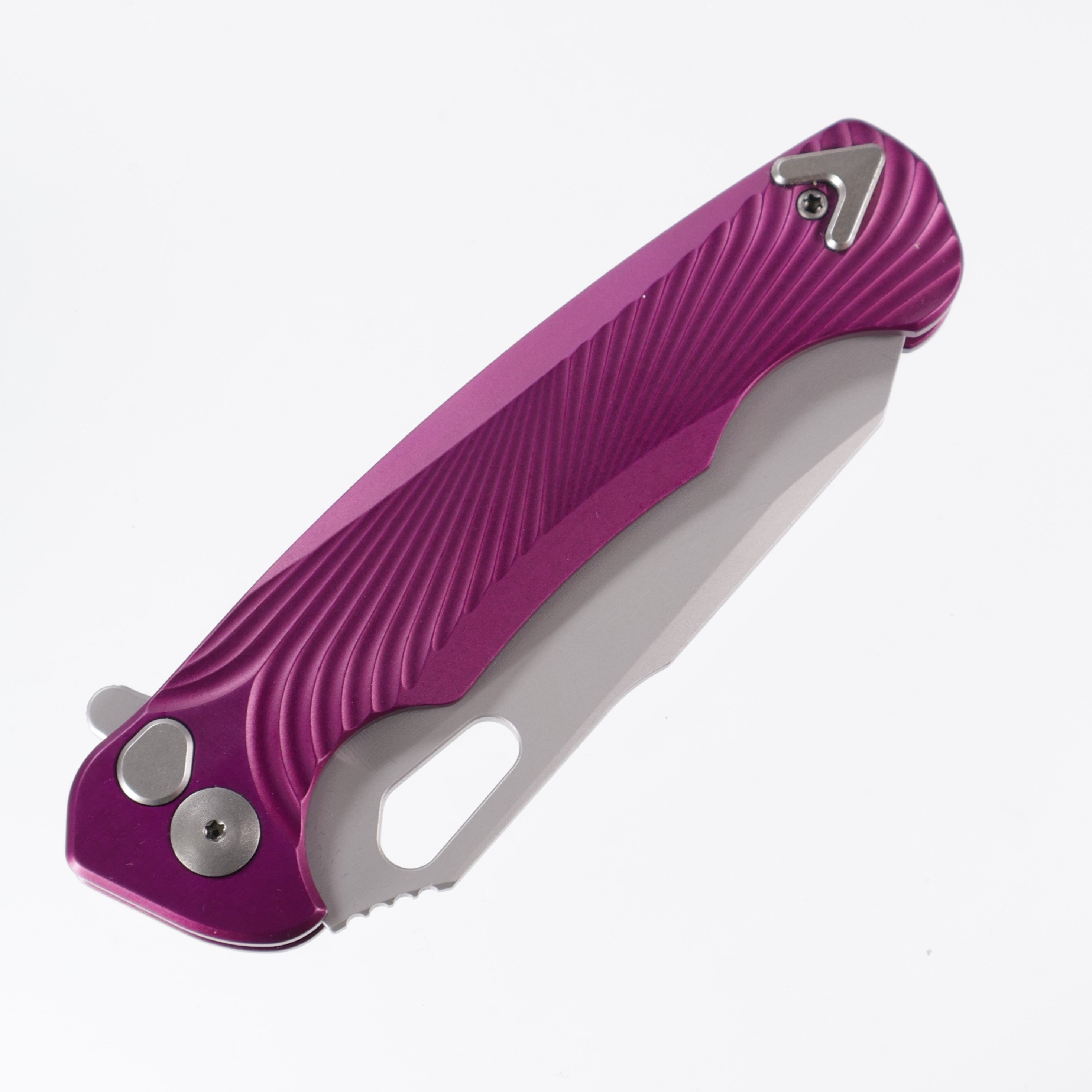 Dead Reckon Knives Ridgeback - Aluminum Purple, Modified Blade Shape, Series 1, Magnacut, Button Lock, Glass Bead Matte