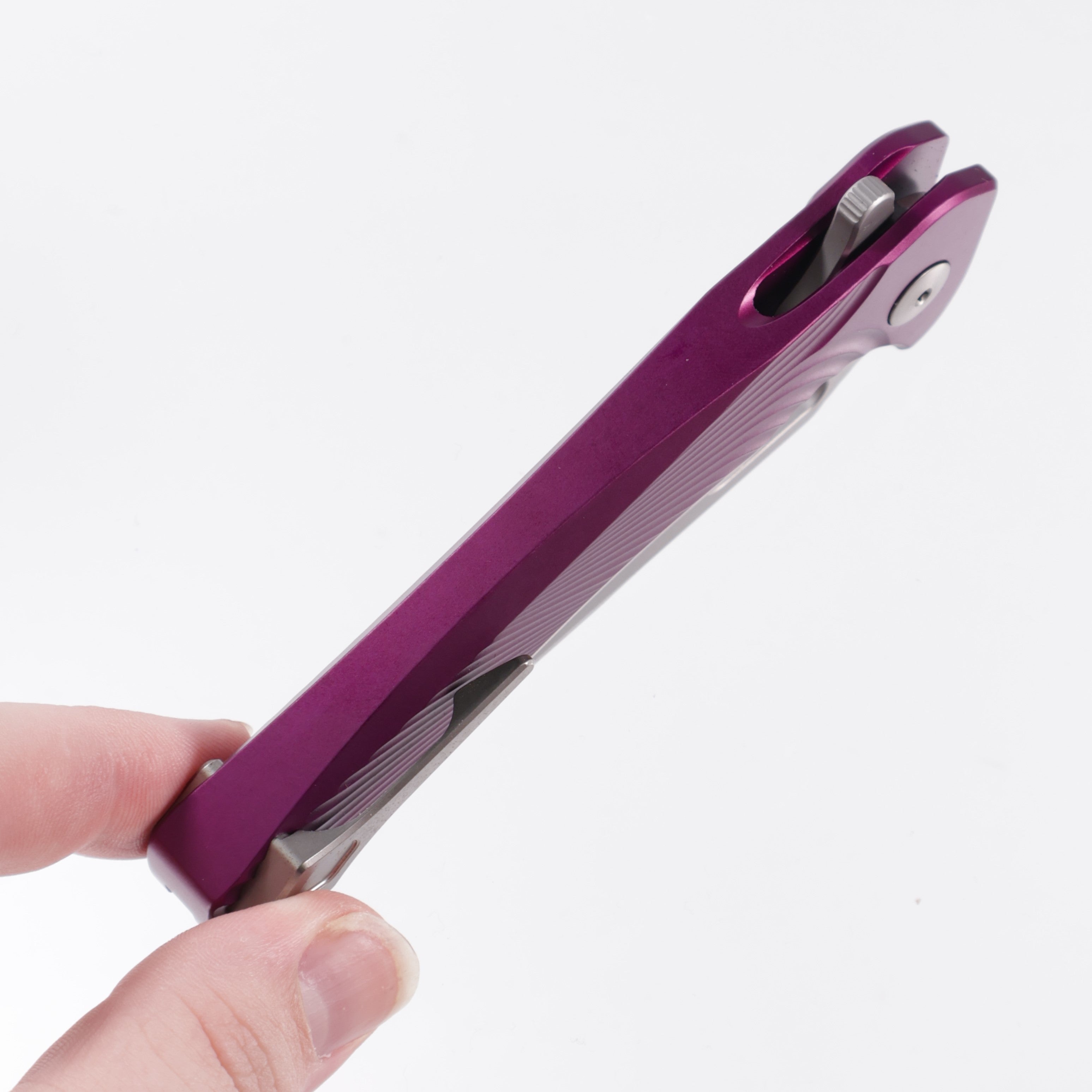 Dead Reckon Knives Ridgeback - Aluminum Purple, Modified Blade Shape, Series 1, Magnacut, Button Lock, Glass Bead Matte