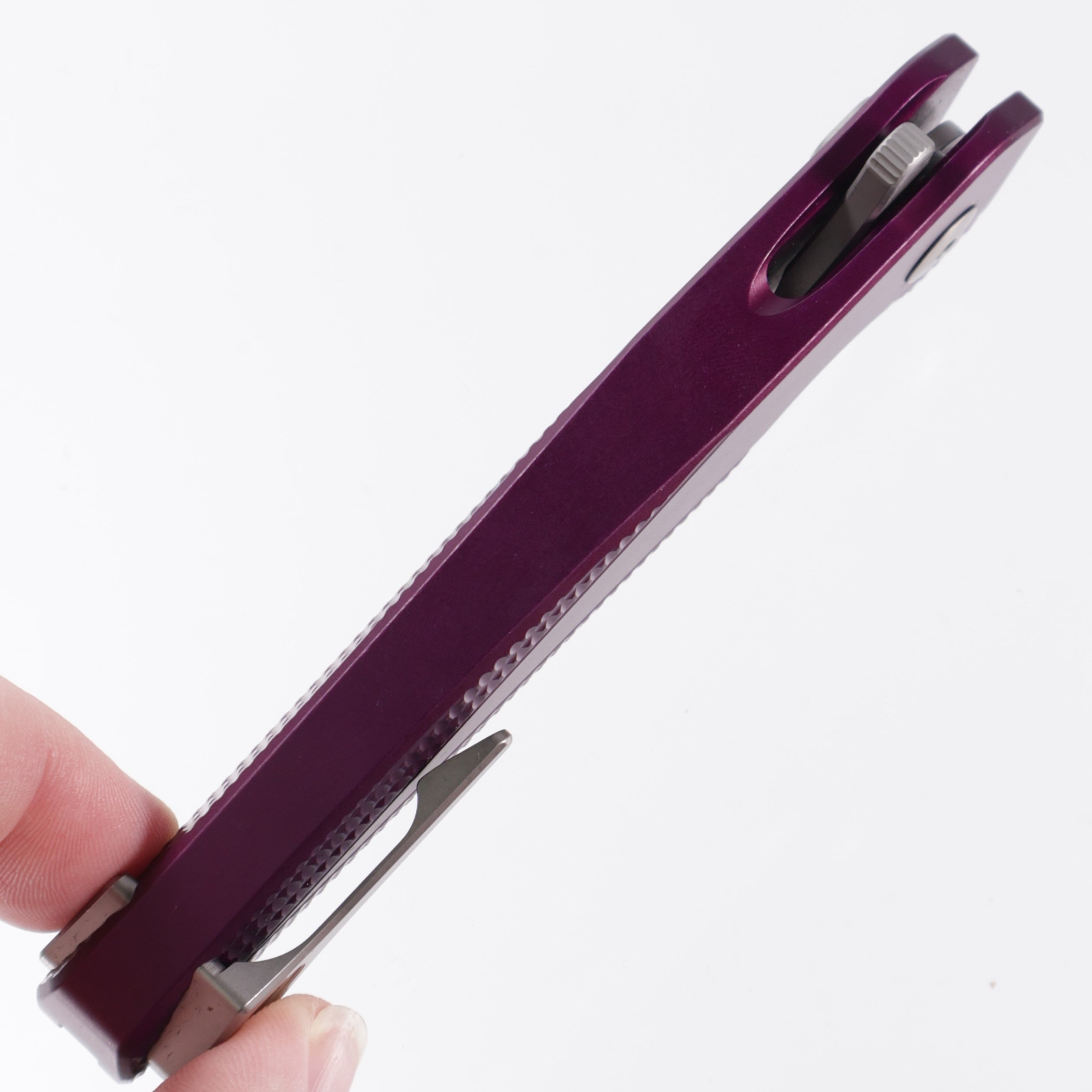 Dead Reckon Knives Ridgeback - Aluminum Purple, Modified Blade Shape, Series 2, Body 1, Magnacut, Button Lock, Glass Bead Finish