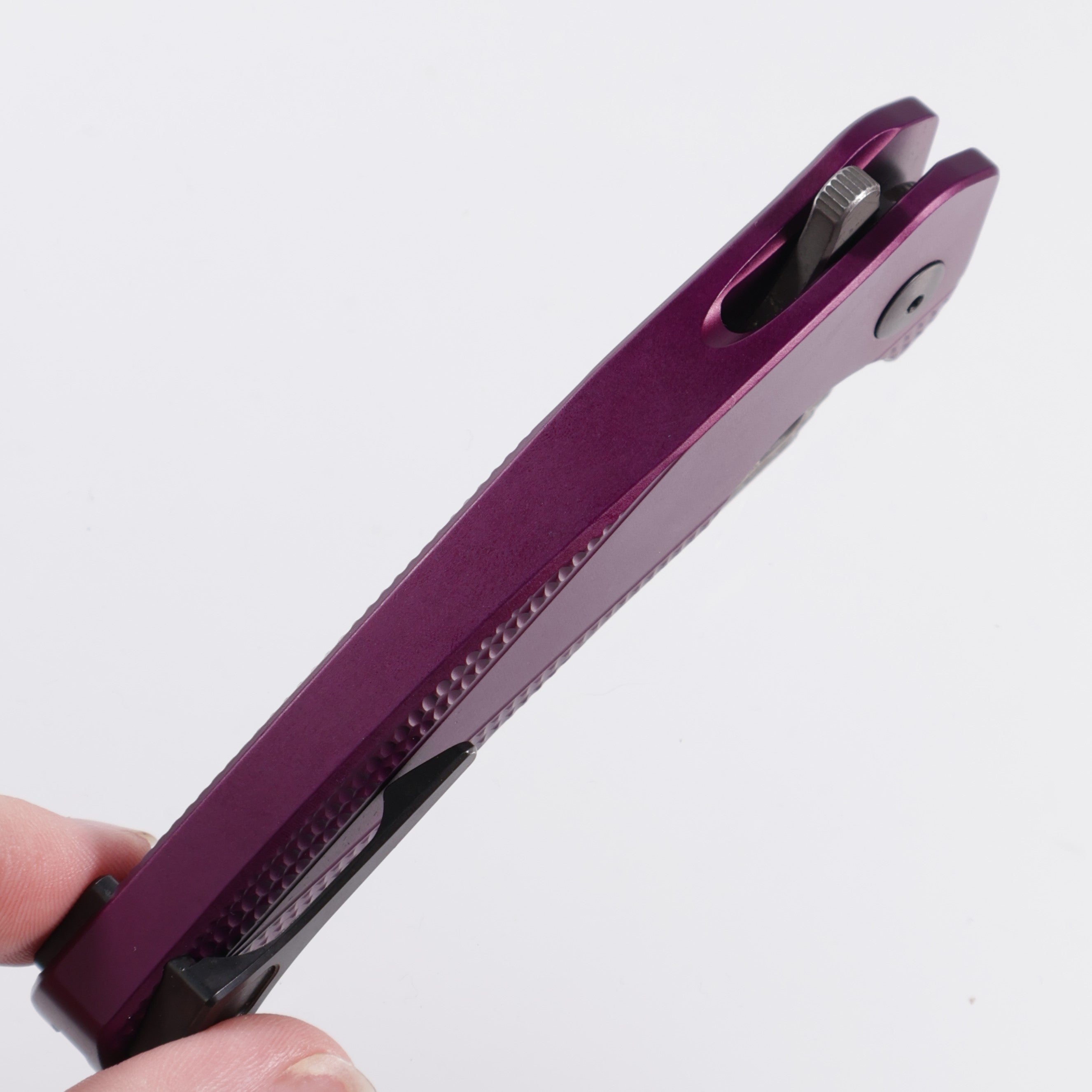 Dead Reckon Knives Ridgeback - Aluminum Purple, Modified Blade Shape, Series 2, Body 1, S45vn, Button Lock, Dark Stonewash