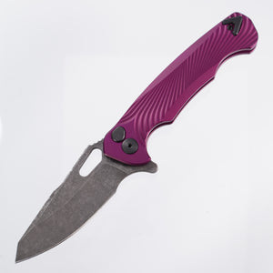 Dead Reckon Knives Ridgeback - Aluminum Purple Textured, Modified Blade Shape, Series 1, S45vn, Button Lock, Dark Stonewash