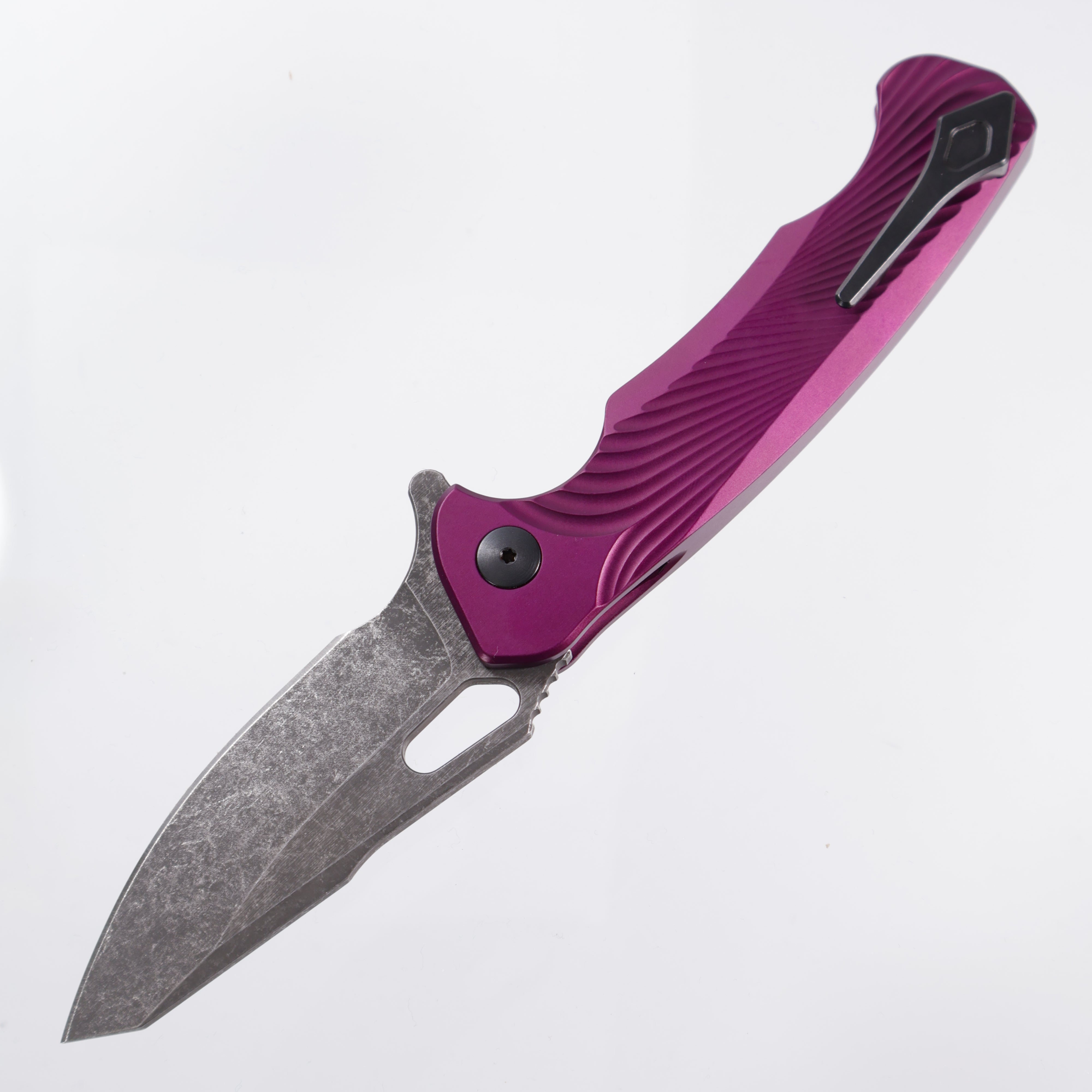 Dead Reckon Knives Ridgeback - Aluminum Purple Textured, Modified Blade Shape, Series 1, S45vn, Button Lock, Dark Stonewash