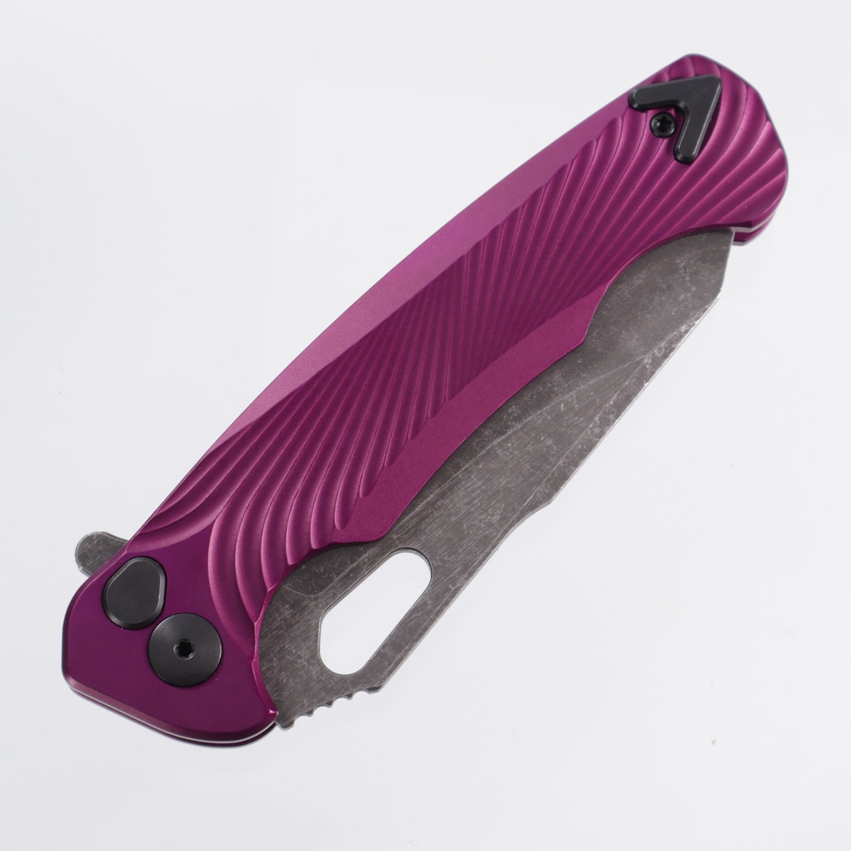 Dead Reckon Knives Ridgeback - Aluminum Purple Textured, Modified Blade Shape, Series 1, S45vn, Button Lock, Dark Stonewash