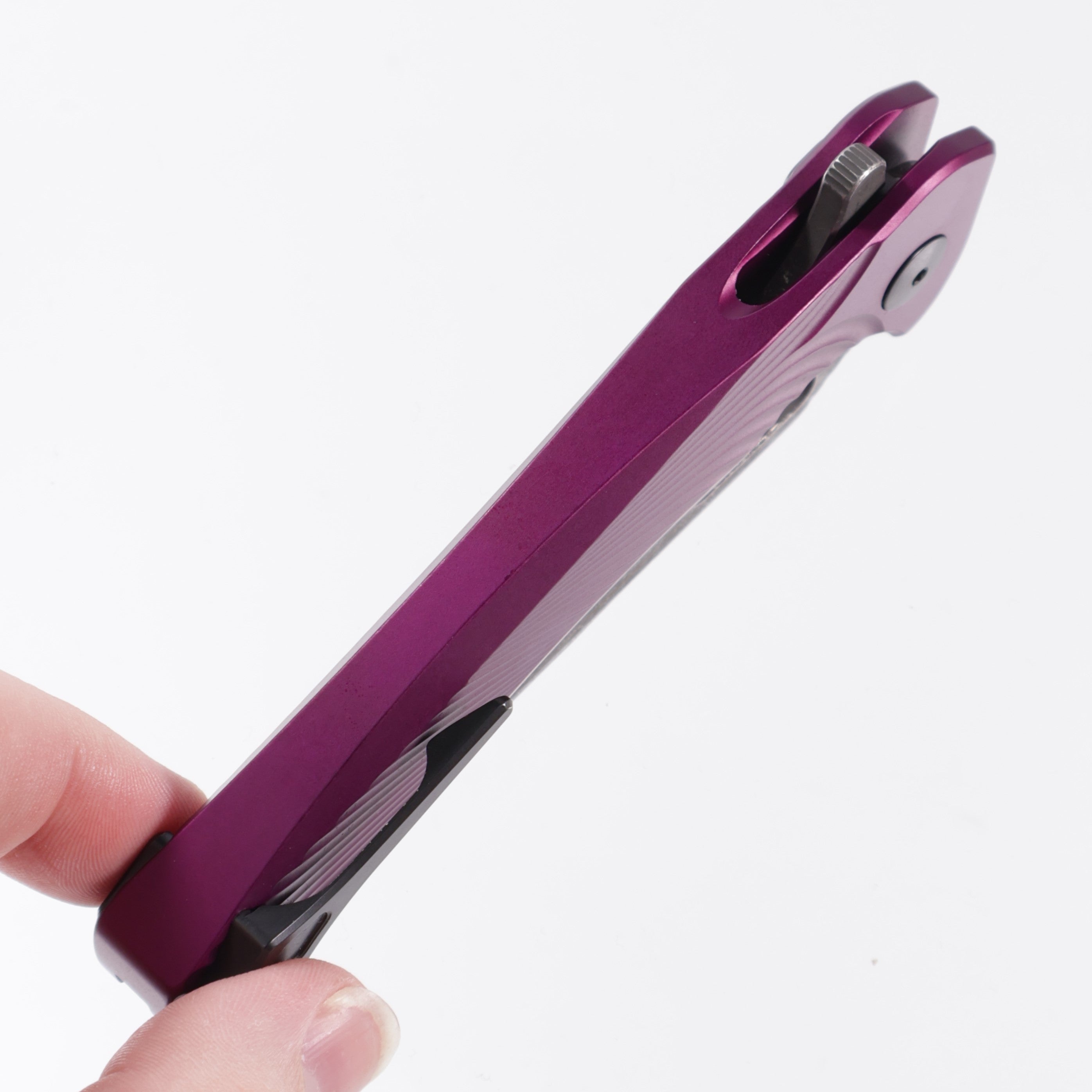 Dead Reckon Knives Ridgeback - Aluminum Purple Textured, Modified Blade Shape, Series 1, S45vn, Button Lock, Dark Stonewash