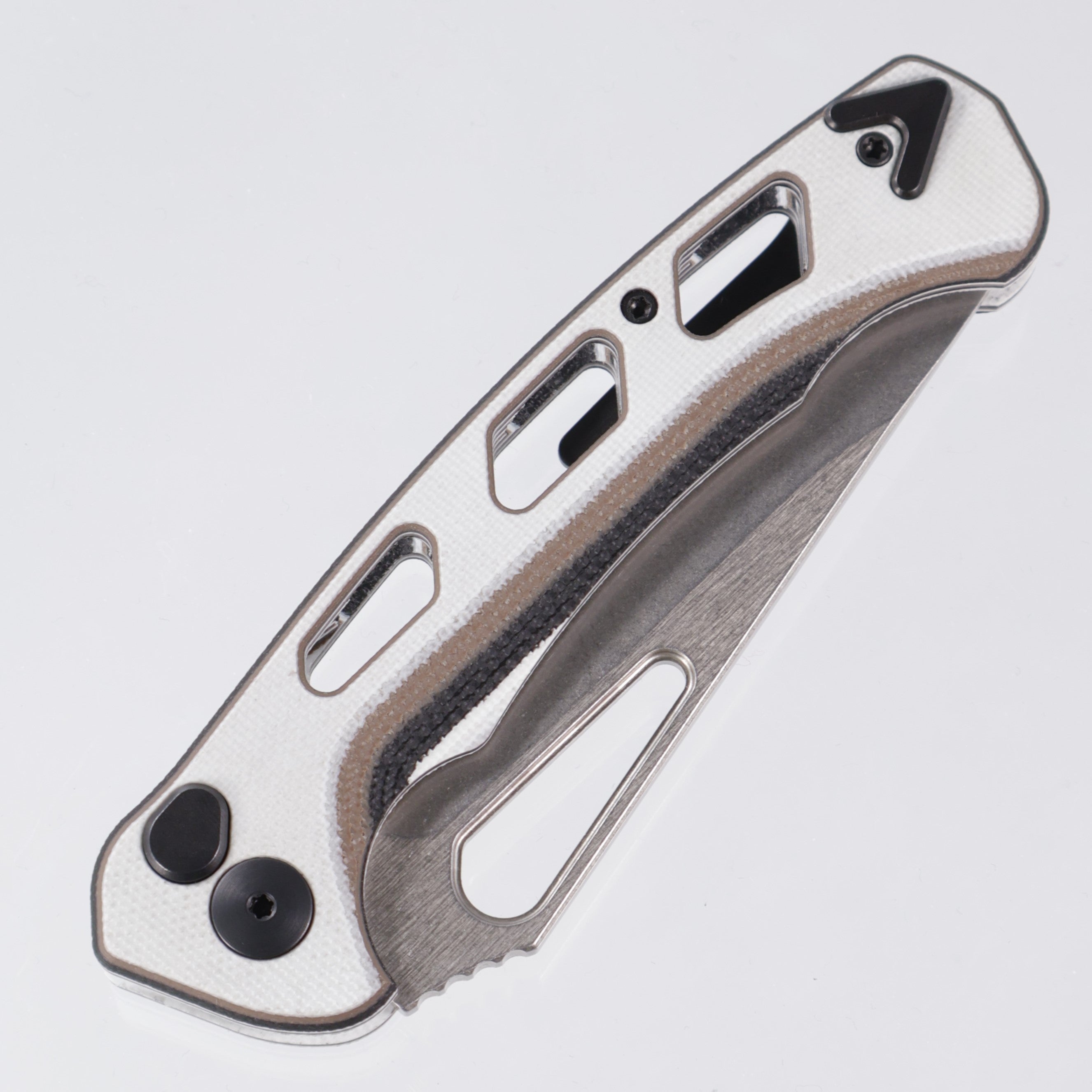 Dead Reckon Ridgeback Vertebrae - Flipper Delete - Black, Tan, White G10 (White Top) - Magnacut Clip Point - RB-3545-21