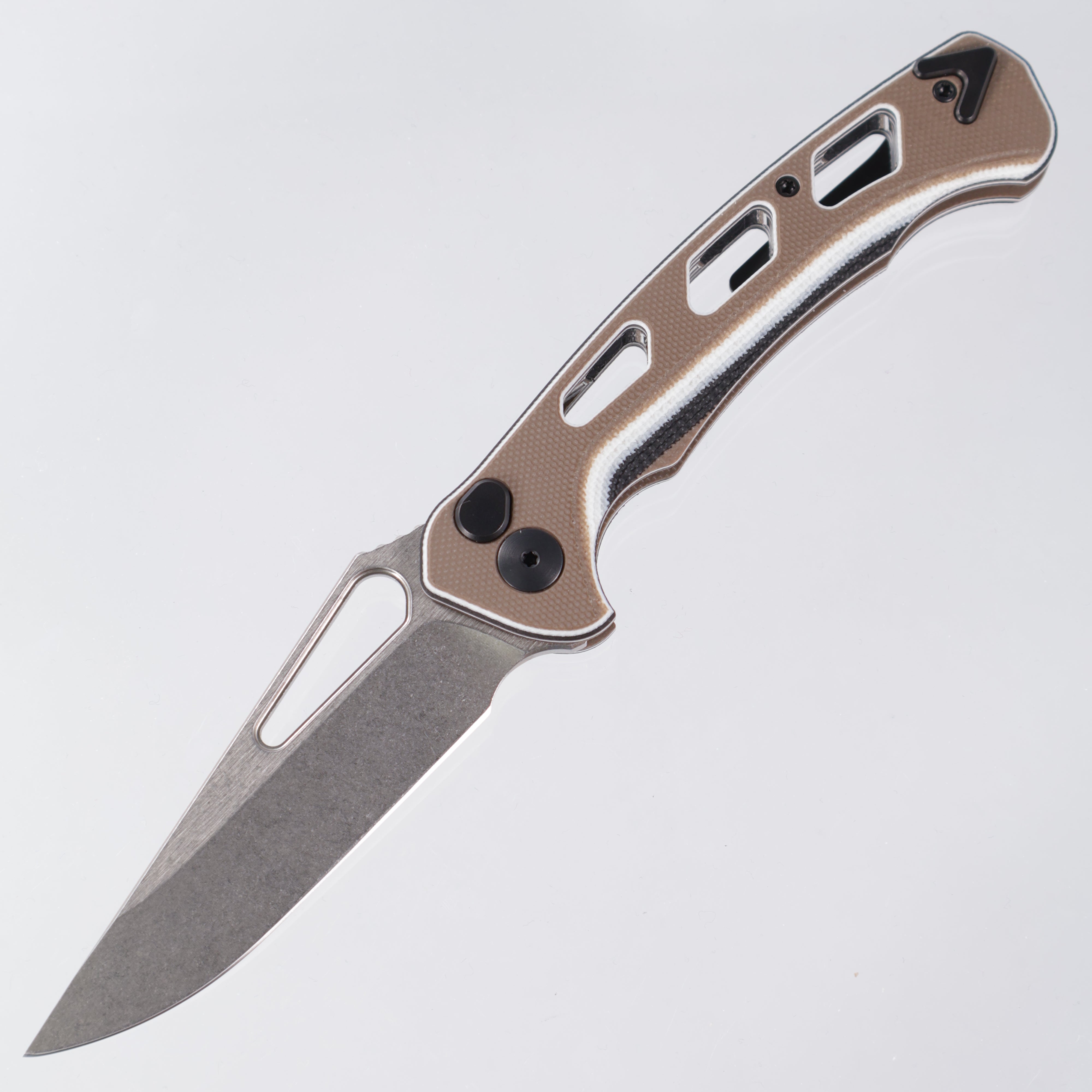 Dead Reckon Ridgeback Vertebrae - Flipper Delete - Black, Tan, White G10 (Tan Top)- Magnacut Clip Point - RB-3545-21