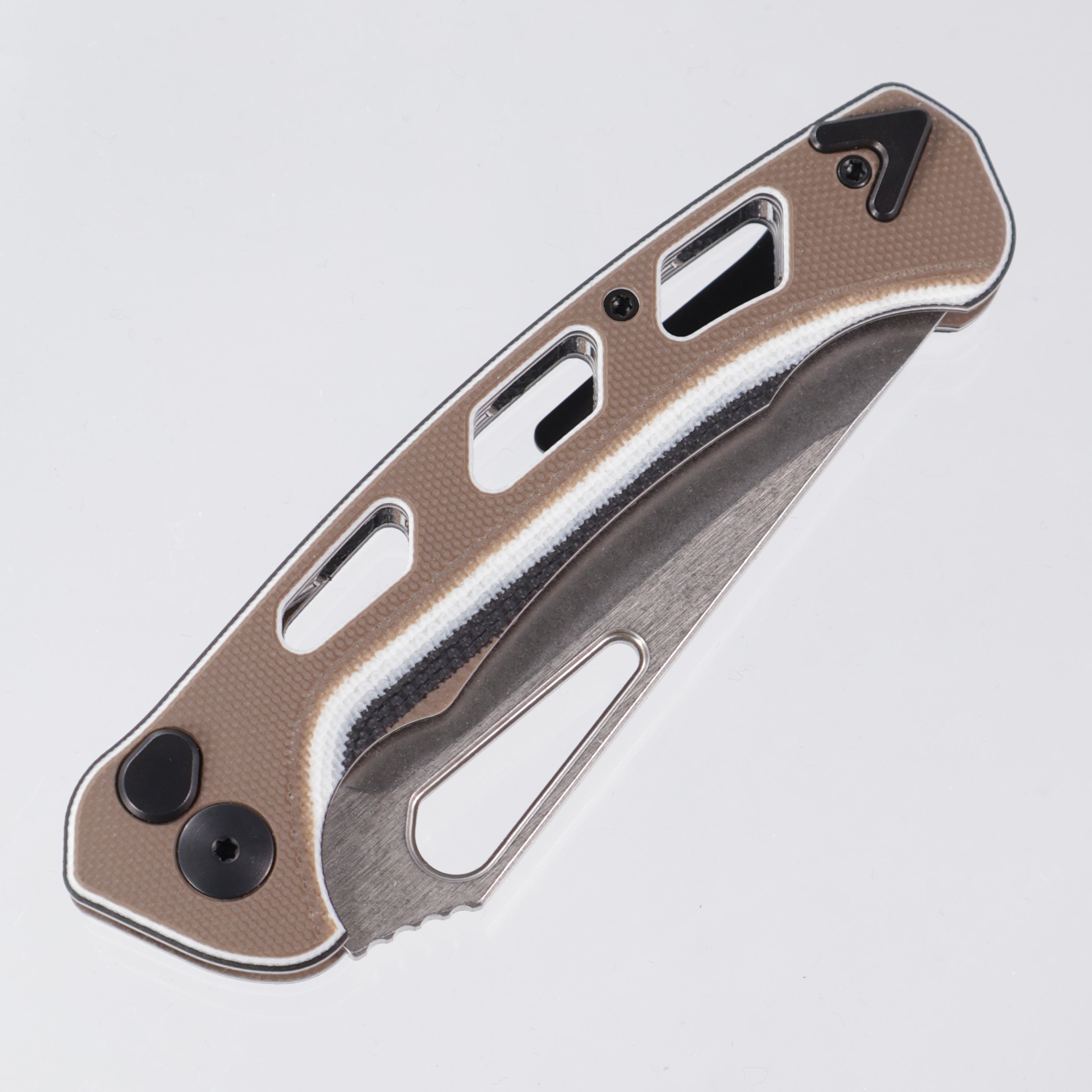 Dead Reckon Ridgeback Vertebrae - Flipper Delete - Black, Tan, White G10 (Tan Top)- Magnacut Clip Point - RB-3545-21