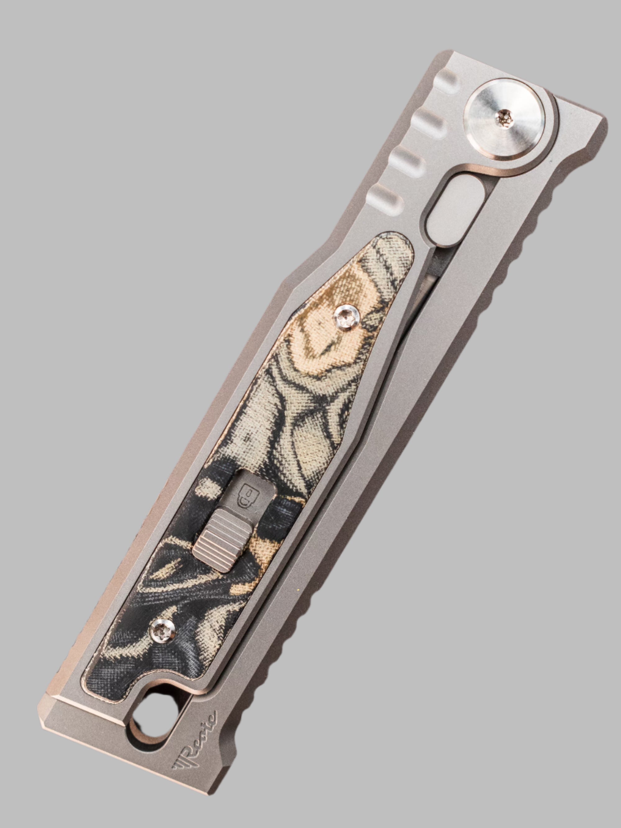 REATE EXO-M SAFETY LOCK GRAVITY KNIFE (ELMAX TANTO, GREEN/BLACK BURL LINEN MICARTA)