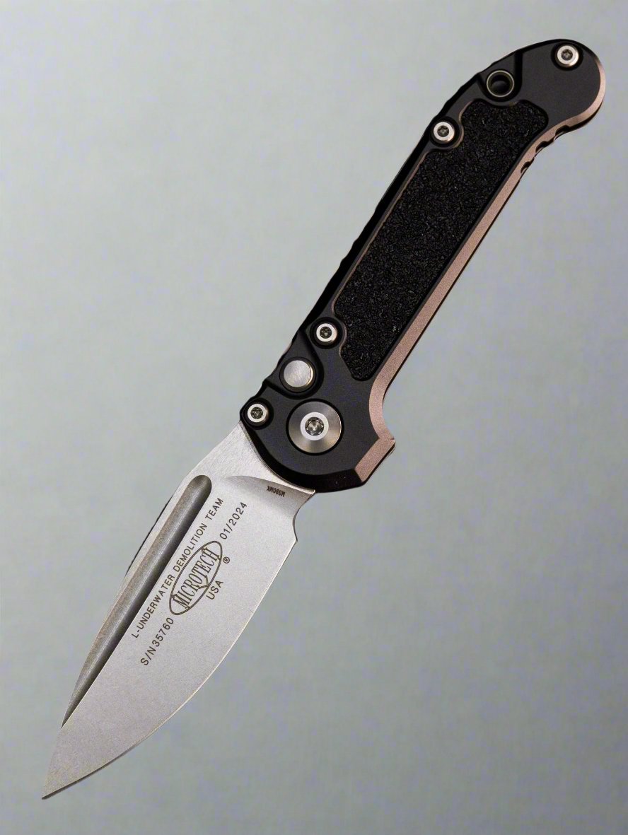 Microtech 1135-10 2023 LUDT Gen III AUTO Folding Knife 3.45" M390MK Stonewashed Drop Point Plain Blade, Black Aluminum Handles with 3M Traction Tape Inserts