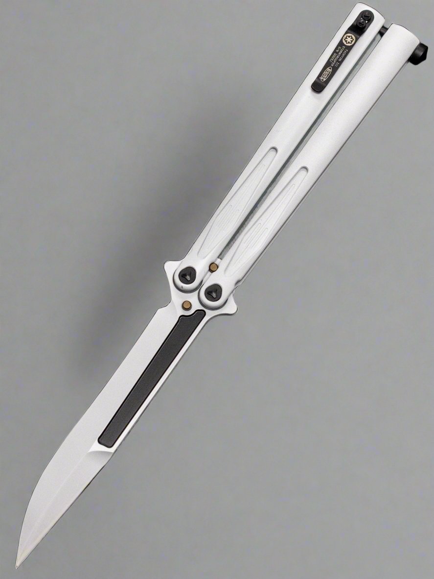 Pre Owned Microtech Special Stormtrooper Tachyon III Balisong Butterfly Knife 4.5" White ELMAX Bowie Blade and Aluminum Handles, Latch Lock - 173-1ST