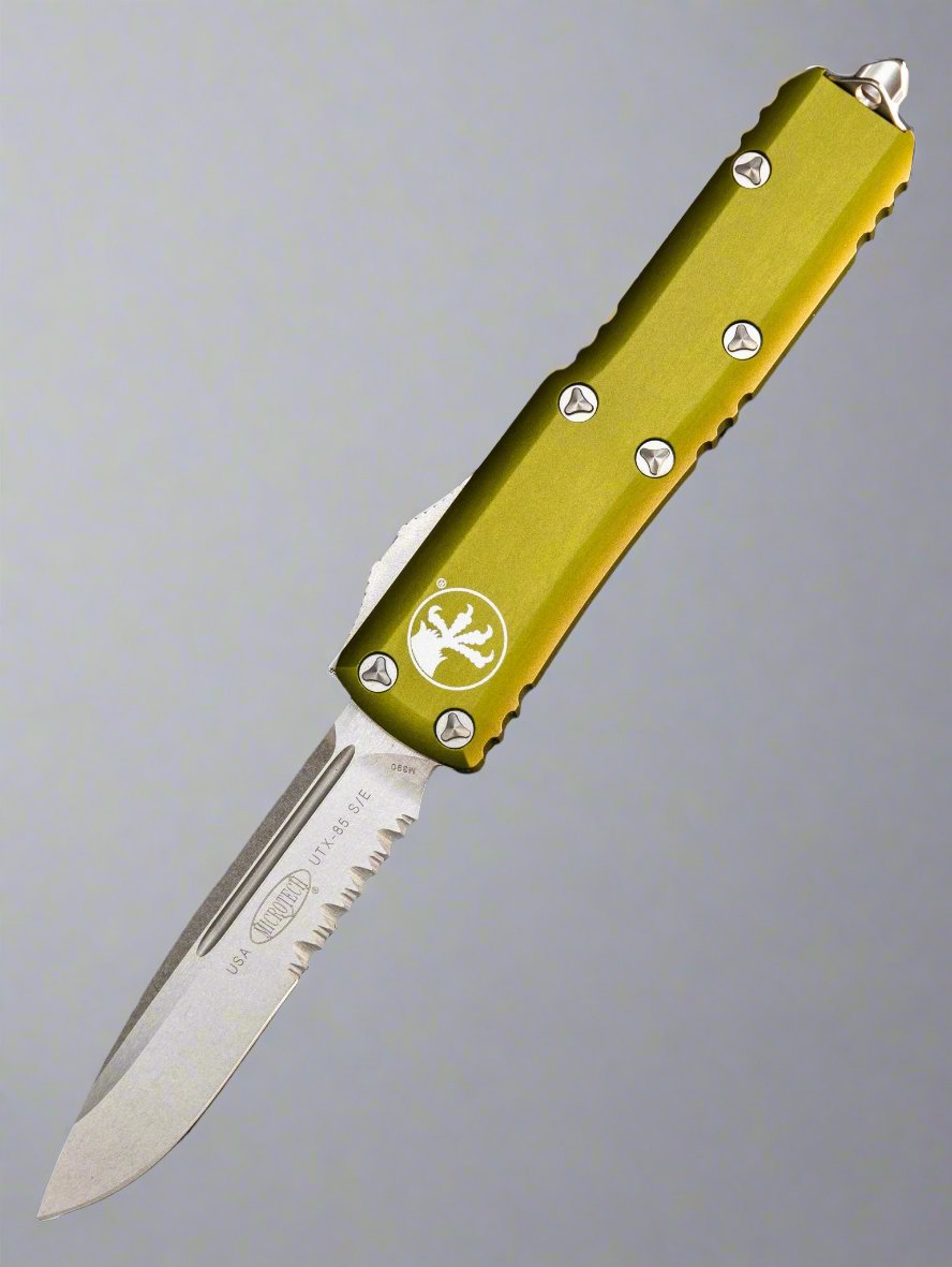 MICROTECH UTX-85 OTF KNIFE- SINGLE EDGE- OD GREEN HANDLE- APOCALYPTIC PART SERRATED BLADE 231-11 APOD