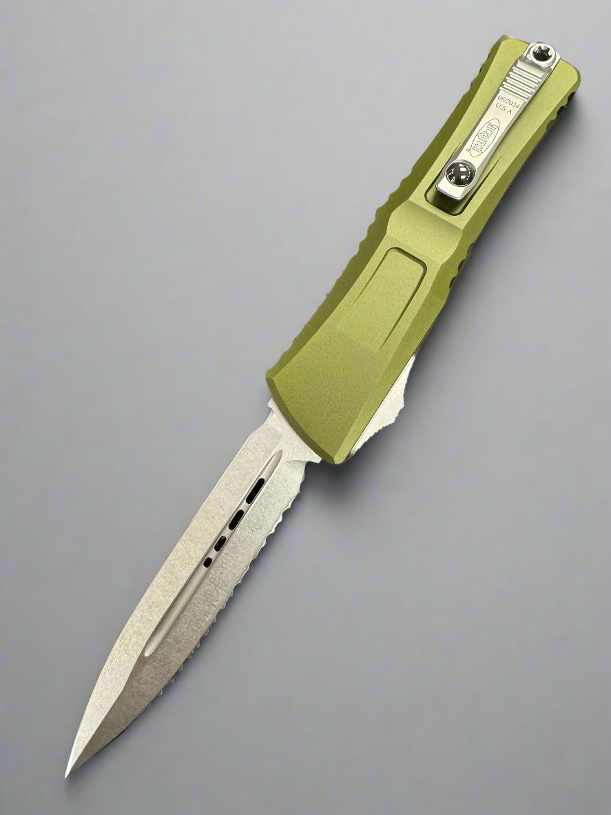 Microtech Knives Combat Troodon Gen III Stonewash Full Serrated Double Edge w/ OD Green Handle 1142-12 OD