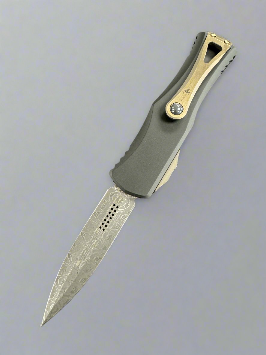 Pre Owned MARFIONE CUSTOM HERA DOUBLE EDGE SPIKE GRIND - GATORBELLY PATTERN DAMASCUS- BLACK LOGO ETCHED CHASSIS WITH BRONZE SATIN FINISHED HW