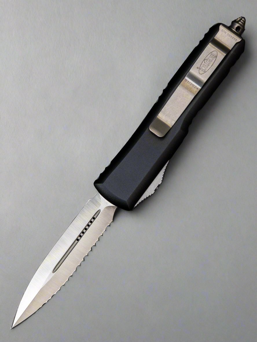 Microtech 232-6 UTX-85 AUTO OTF Knife 3" Satin Plain/Serrated Double Edge Dagger Blade, Black Aluminum Handles 232-6