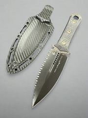 Microtech/Borka Blades 201-3DLCCFS Signature Series SBD Fixed Blade Knife 4.375" Black DLC Plain/Serrated Double Edge Dagger Blade, Milled Carbon Fiber Handles, Kydex Sheath
