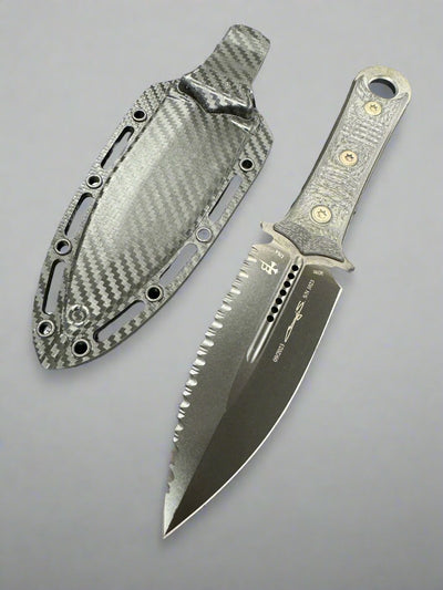 Microtech/Borka Blades 201-3DLCCFS Signature Series SBD Fixed Blade Knife 4.375" Black DLC Plain/Serrated Double Edge Dagger Blade, Milled Carbon Fiber Handles, Kydex Sheath