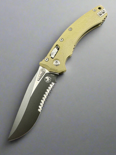 MICROTECH KNIVES- AMPHIBIAN RAM-LOK FOLDER- FLUTED OD GREEN G-10 HANDLE- BLACK PART SERRATED EDGE BLADE 137RL-2 FLGTOD