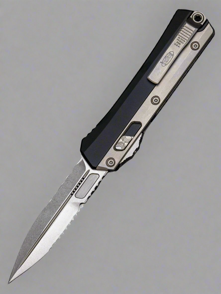 Microtech 184-12 Glykon AUTO OTF Knife 3.75" Stonewashed Double Combo Edge Bayonet Blade, Black Aluminum Handles with Titanium Overlays