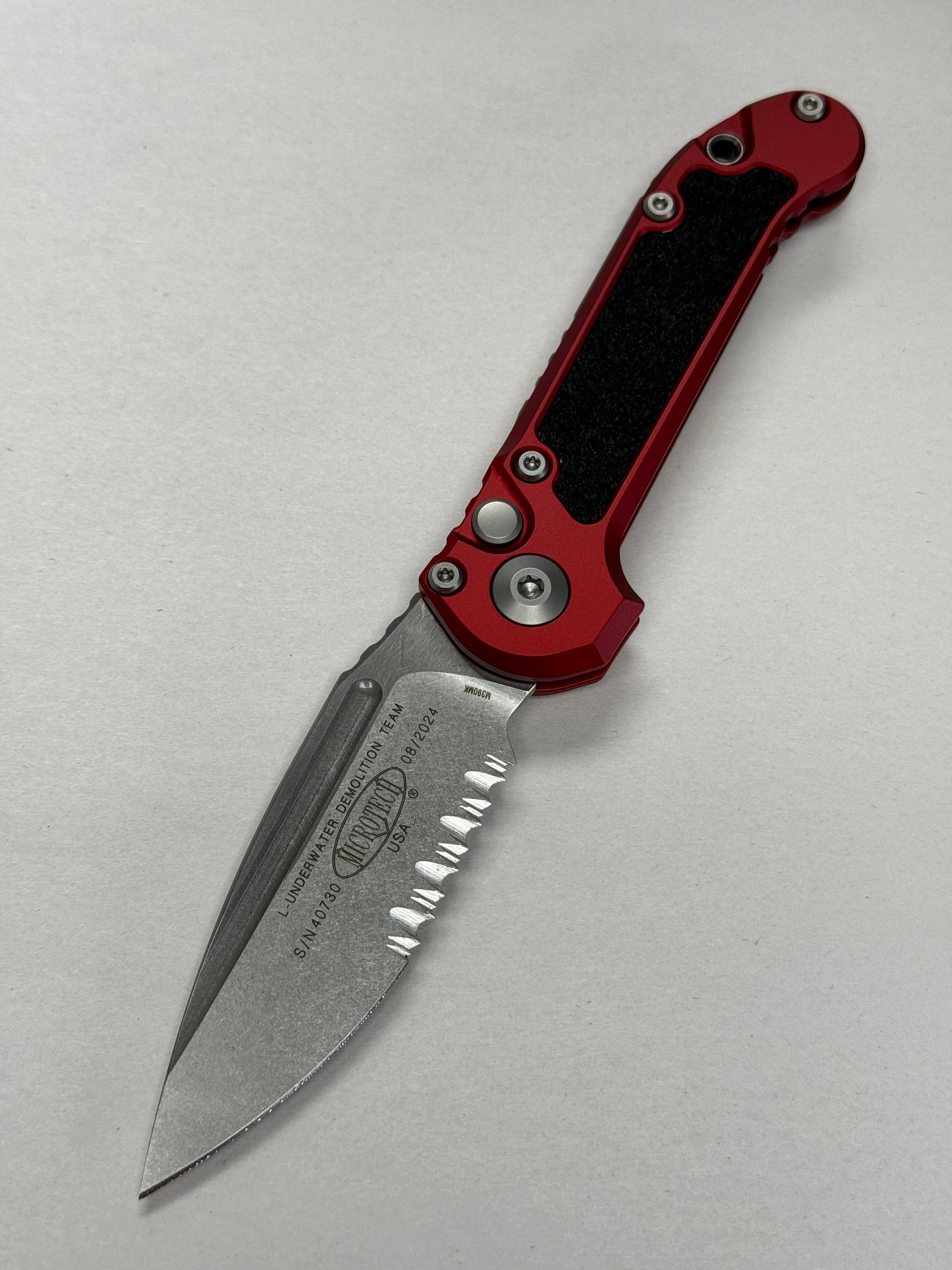 Microtech Knives LUDT Gen III Stonewash Partial Serrated Drop Point w/ Red Handle 1135-11 RD