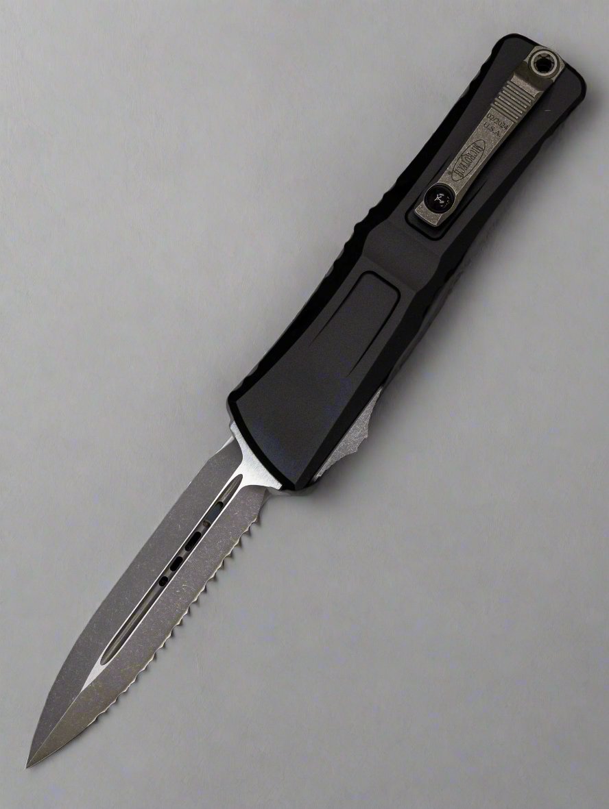 Microtech Combat Troodon Gen 3 1142-12 AP Double Edge Apocalyptic Full Serrated Blade, Black Handle