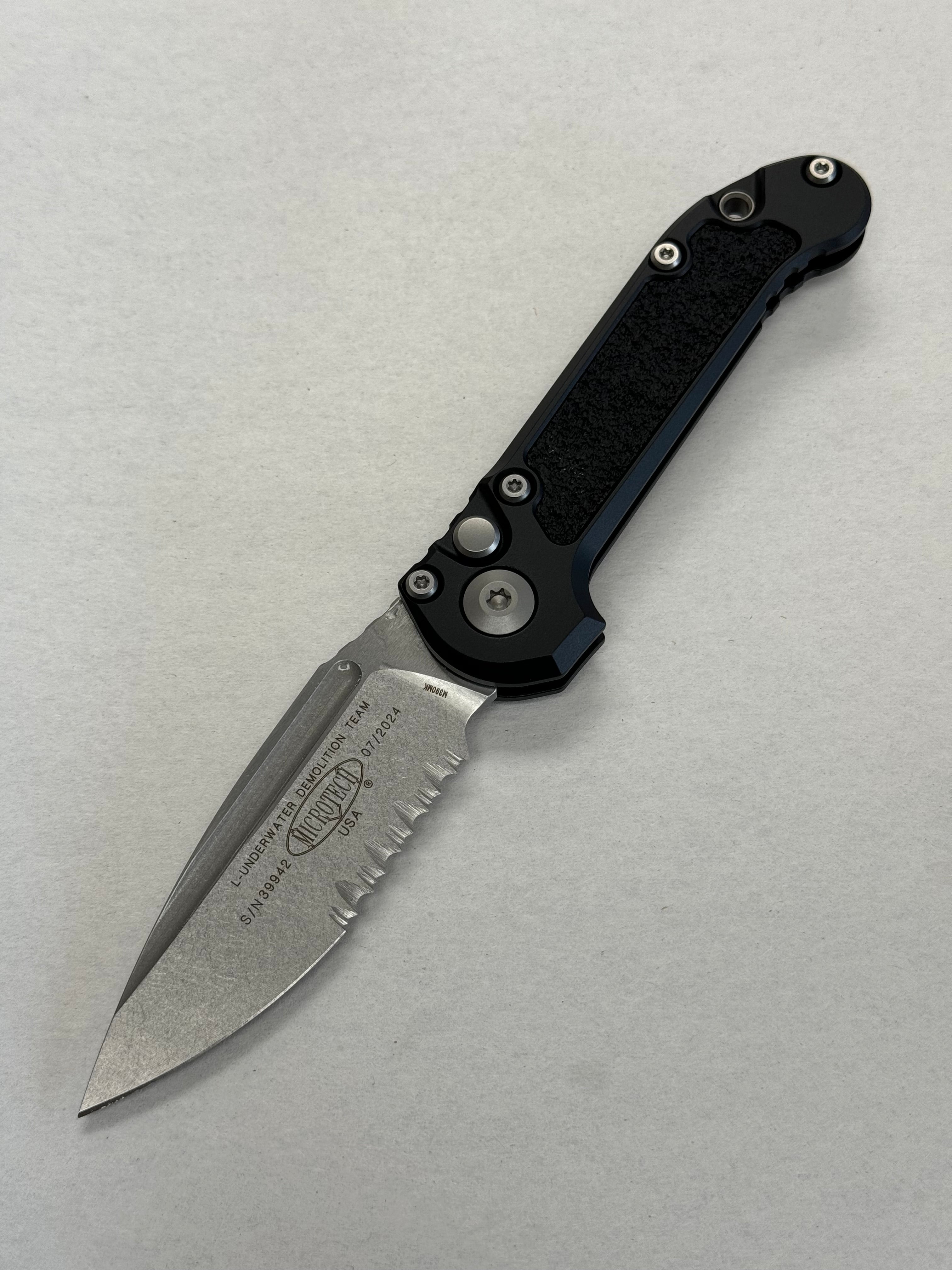 Microtech Knives LUDT Gen III Stonewash Partial Serrated Drop Point w/ Black Handle 1135-11