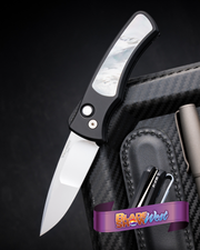 Pro-Tech Duke 2 - Black Aluminum w/ Mother Of Pearl Inlay & Button - Mike Irie Compound Grind Mirror Polish 154CM - BSW26.Duke.1