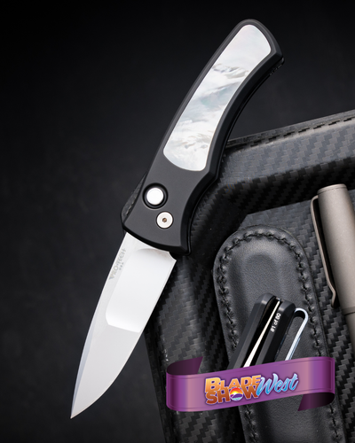 Pro-Tech Duke 2 - Black Aluminum w/ Mother Of Pearl Inlay & Button - Mike Irie Compound Grind Mirror Polish 154CM - BSW26.Duke.1