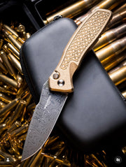 Pro-Tech Spartan Pallas Auto - Weave Texture AlBronze w/ Black Lip Pearl Button - Chad Nichols Boomerang Damascus - 2026 Pallas Custom 004
