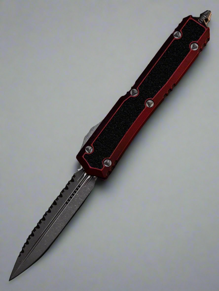 Microtech 206-12 APWRDS Signature Series Makora OTF AUTO 3.3" Apocalyptic Double Edge Dagger Blade Full Serrate , Weathered Red Aluminum Handles with Black Traction Inlays