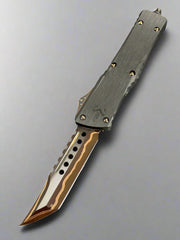Pre Owned Marfione Custom Knives Combat Troodon Hellhound Hot Blued Volcanic River Pattern Baker Forge w/ Hefted Black Handle & Copper Ringed Hardware - See Certificate