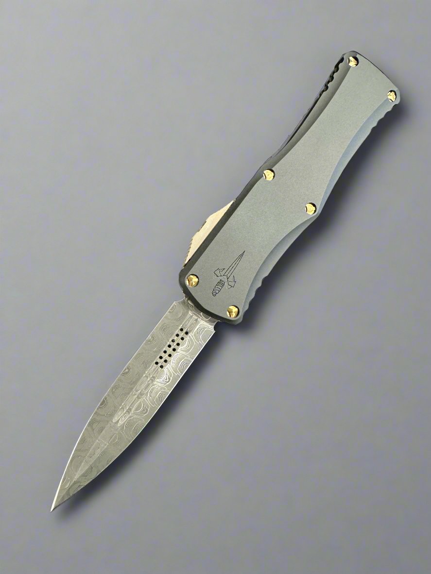 Pre Owned MARFIONE CUSTOM HERA DOUBLE EDGE SPIKE GRIND - GATORBELLY PATTERN DAMASCUS- BLACK LOGO ETCHED CHASSIS WITH BRONZE SATIN FINISHED HW