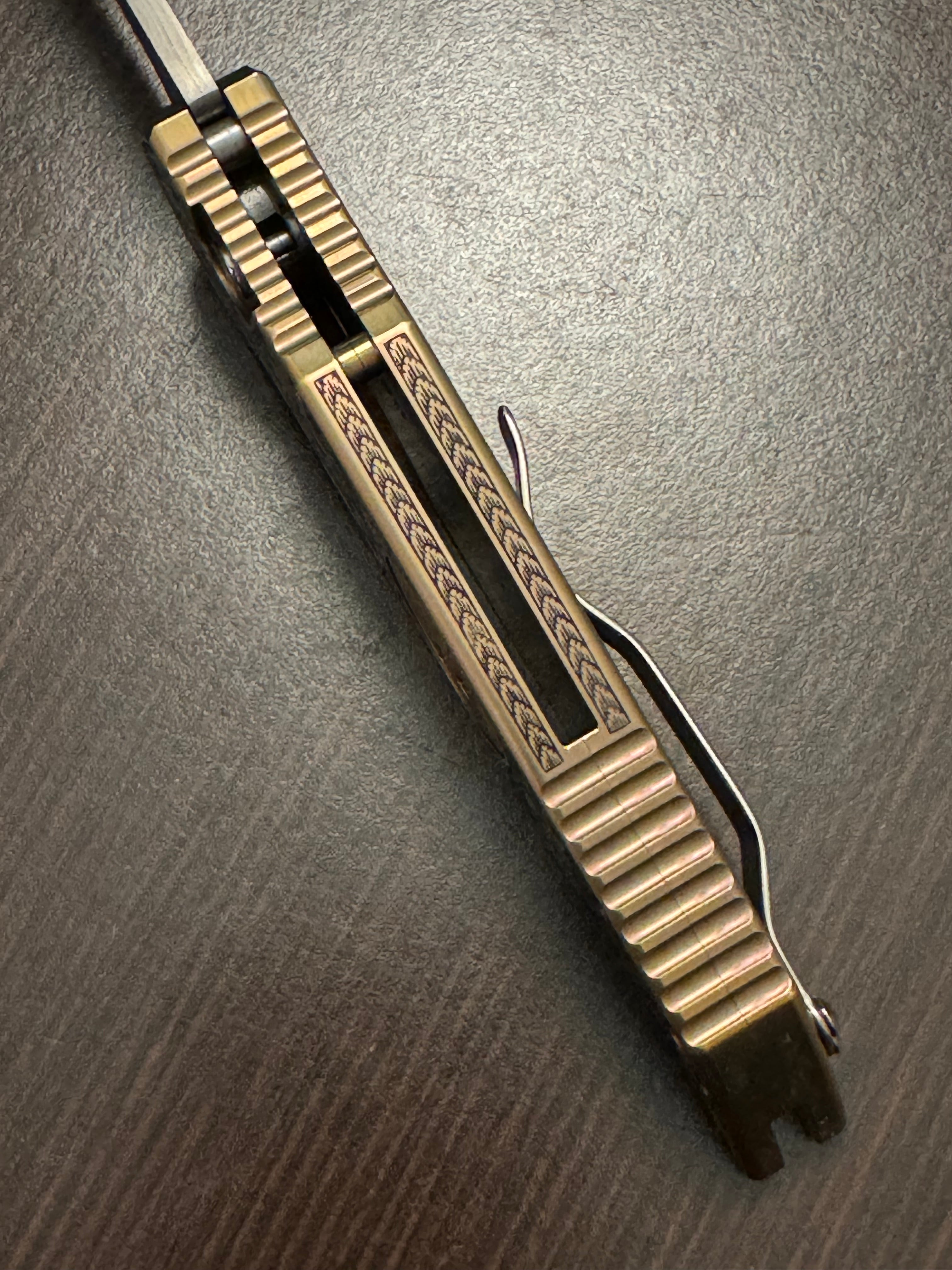 Protech Pro-Tech 2024 TR-3 Custom 002 Champagne Pink Ti Frame Bruce Shaw Hand Engraving with American Eagle Gold Coin, Irie Ground Damasteel Blade