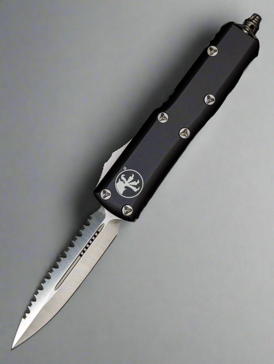 Microtech 232-6 UTX-85 AUTO OTF Knife 3" Satin Plain/Serrated Double Edge Dagger Blade, Black Aluminum Handles 232-6