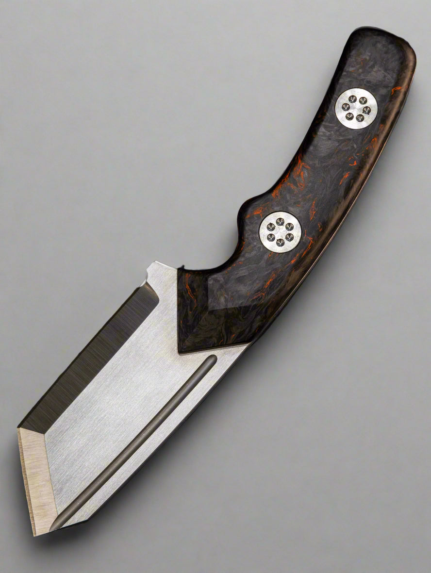 Beans Blades Fixed Mini Warrior Tanto M390 Orange/ Black Dark Matter Camo Carbon