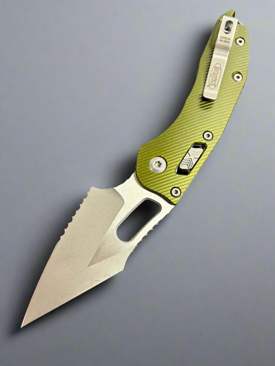 Microtech Knives Manual Stitch RAM LOK Fluted OD Green Aluminum & Partial Serrated M390MK Apocalyptic Standard 169RL-11 APFLOD