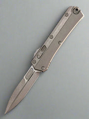 MICROTECH GLYKON OTF KNIFE- BAYONET EDGE- NATURAL CLEAR FINISHED HANDLE WITH BEAD BLAST TITANIUM ACCENTS AND HARDWARE- APOCALYPTIC PLAIN EDGE BLADE 184-10 APNC