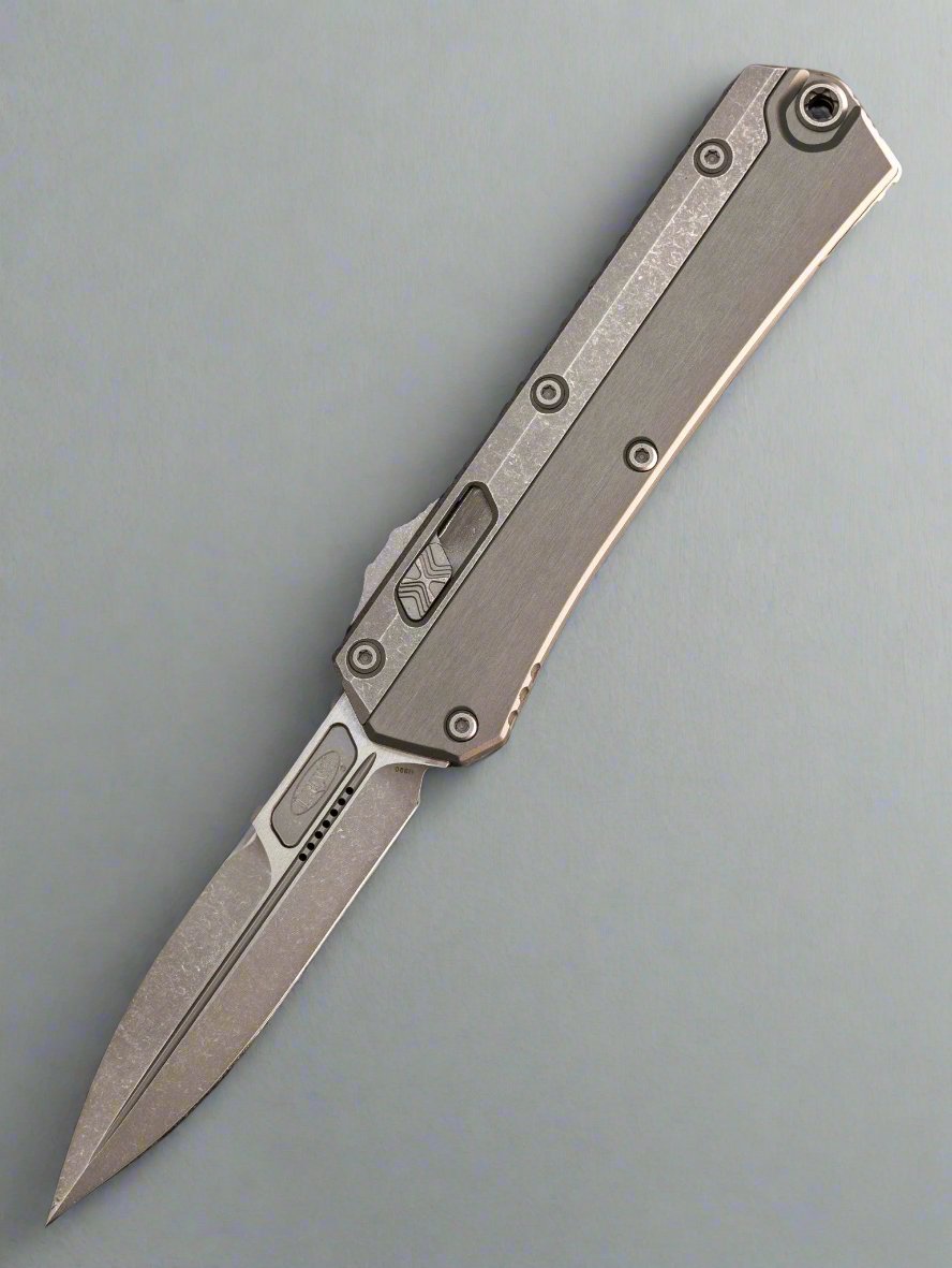 MICROTECH GLYKON OTF KNIFE- BAYONET EDGE- NATURAL CLEAR FINISHED HANDLE WITH BEAD BLAST TITANIUM ACCENTS AND HARDWARE- APOCALYPTIC PLAIN EDGE BLADE 184-10 APNC