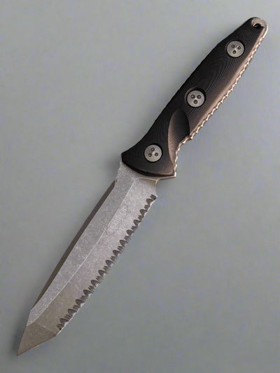 Microtech Socom Alpha Tanto Fixed Blade Knife Black handle, Apoc Full Serrated 114-12AP