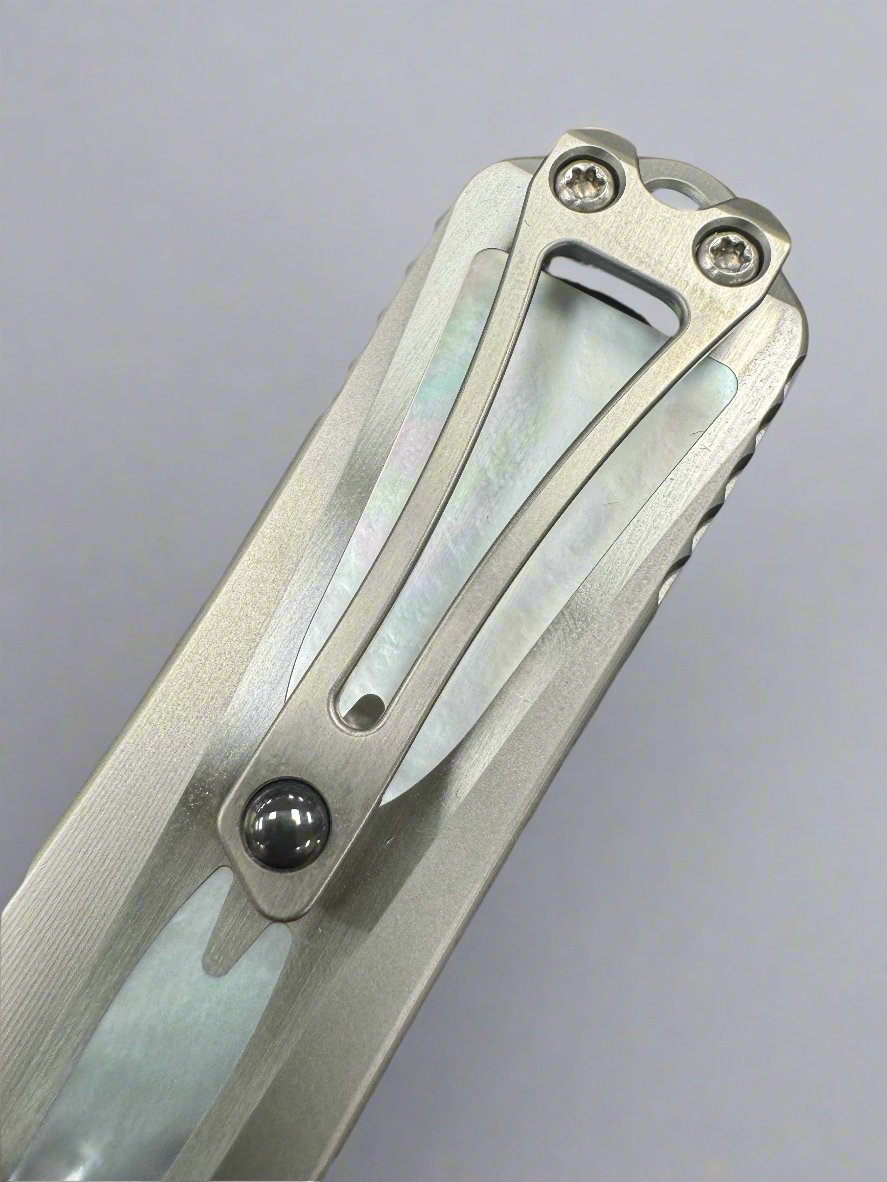 Pre Owned Heretic Knives Manticore X Hand Ground Vegas Forge Blued Damascus D/E & Hefted Stainless Steel Handle w/ Mother of Pearl Inlays